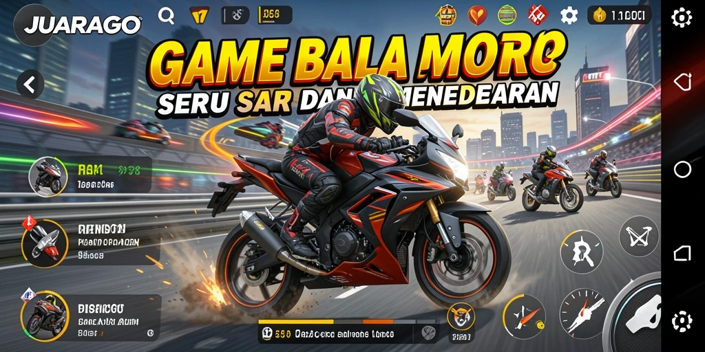 Screenshot gameplay JUARAGO menampilkan balapan motor yang mendebarkan di lintasan.