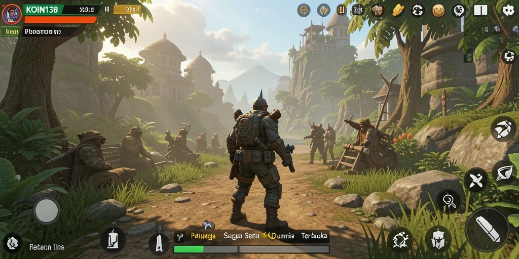 Screenshot gameplay KOIN138 menampilkan karakter menjelajahi dunia terbuka yang luas.